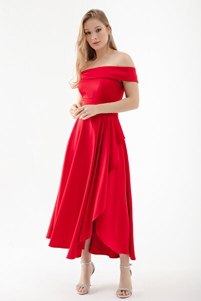 Lafaba Women's Red Boat Neck Midi Satin Evening Dress