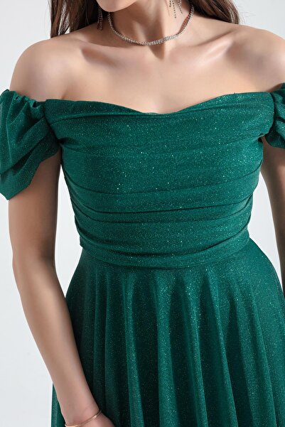 Lafaba Kadın Zümrüt Yeşili Kayık Yaka Drapeli Midi Kloş Abiye Elbise