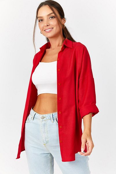 armonika Women's Red Oversize Long Basic Shirt ARM-22Y001118