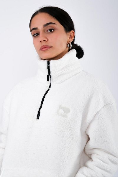 Coredra Ecru Women's Teddy Plush Coat - Half Zipper