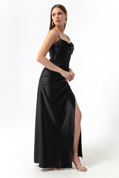 Lafaba Dámský černý korzet s kosticemi, dlouhé večerní šaty s detailním rozparkem