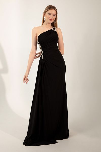 Lafaba Women's Black One-Shoulder Stone Long Evening Dress