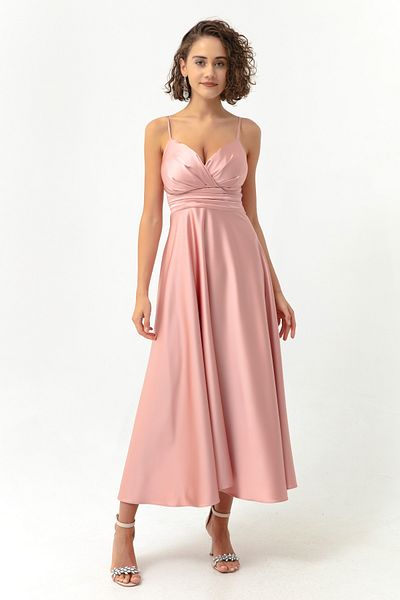 Lafaba Rosafarbenes Midi-Abendkleid und Abschlusskleid aus Satin mit Taillengürtel und Seilriemen für Damen