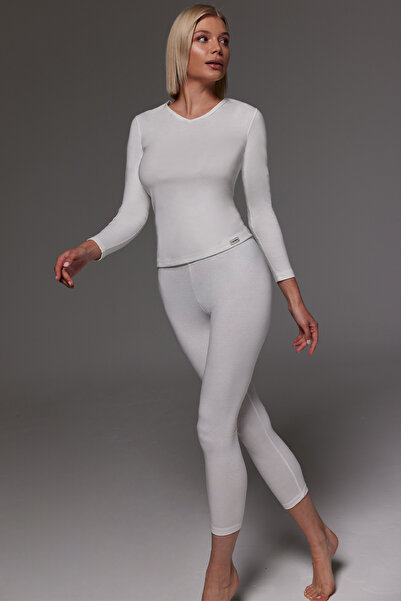 Malabadi Ecru V-Neck Long Sleeve Thermal Top Underwear - Viloft 704