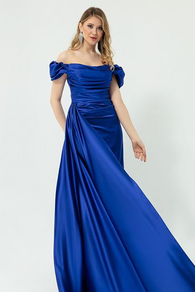 Lafaba Damen Saks U-Boot-Ausschnitt, ärmellos, langes Satin-Abendkleid und Abschlusskleid