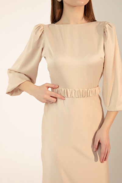 Lafaba Kadın Ekru Uzun Balon Kollu Nişan Elbisesi