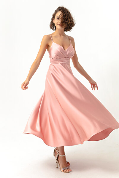 Lafaba Women's Pink Rope Strap Waist Belted Satin Midi Evening Dress & Graduation Dress