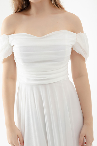 Lafaba Dámské bílé večerní šaty midi s kulatým výstřihem