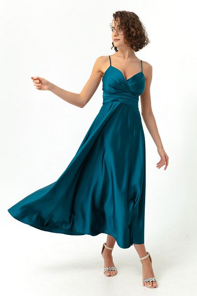 Lafaba Rochie de seară midi din satin cu curele și rochie de absolvire pentru femei