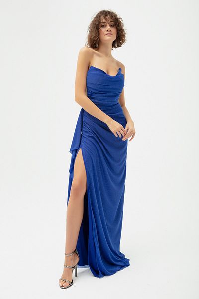 Lafaba Damen-Abendkleid im Saxe-Stil mit drapiertem Schlitz und Glitzer auf der Brust