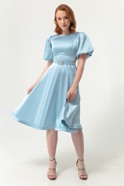 Lafaba Dámské mini saténové šaty s modrým balonovým rukávem, s kamenným páskem