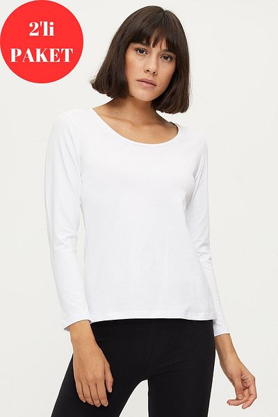 Bross Tricou alb din bumbac cu mânecă lungă pentru femei Set de 2 - 1219