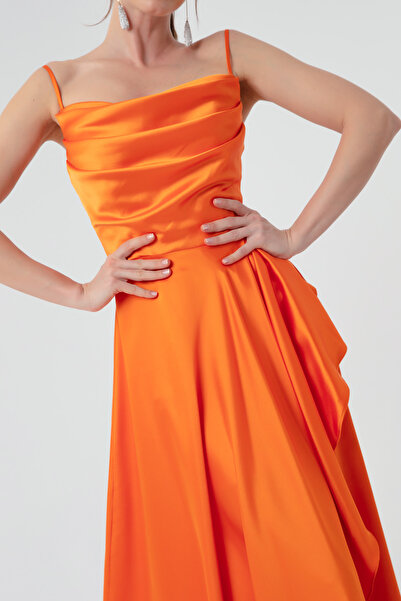 Lafaba Women's Orange Flounce Slit Satin Evening Dress & Graduation Dress