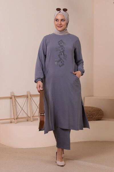 Ferace Hijab Ayrobin Διπλό Σετ Μεγάλο Μέγεθος Tunic Παντελόνι Γυναικείο Γκρι