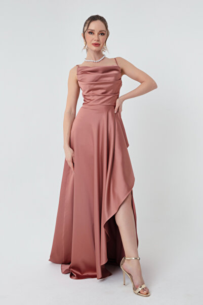 Lafaba Női lazac Flounce hasított szatén estélyi és ballagási ruha