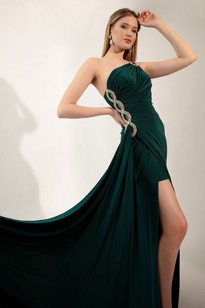 Lafaba Women's Emerald Green One-Shoulder Stone Long Evening Dress
