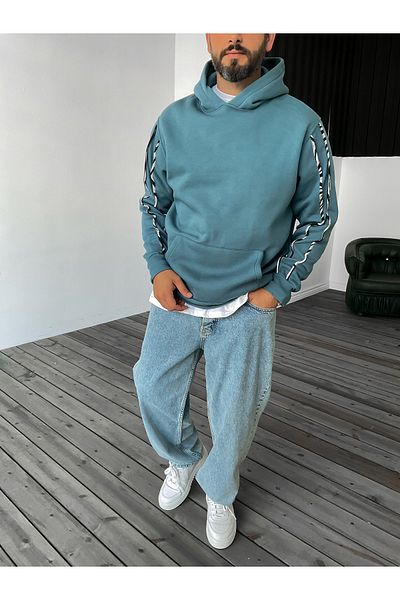 BYBASICMAN Petrol Blue Stripe Patterned Hooded Sweat Bla-646
