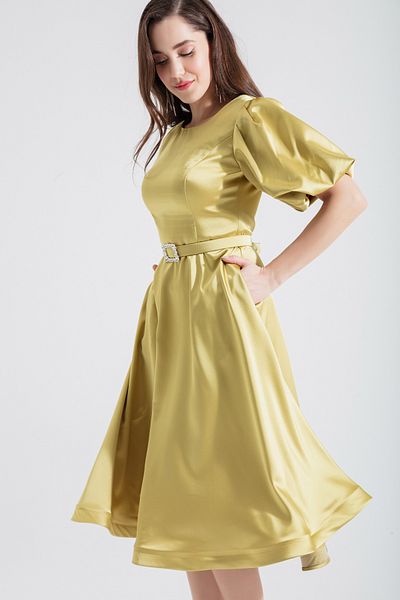 OFZE Women's Oil Green Balloon Sleeve Jewelled Belted Mini Satin Evening Dress
