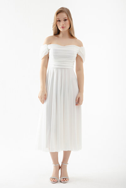 Lafaba Dámské bílé večerní šaty midi s kulatým výstřihem