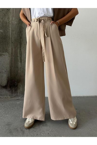 mydukkan.co Beige Nola Pants - Tie Waist and Slit