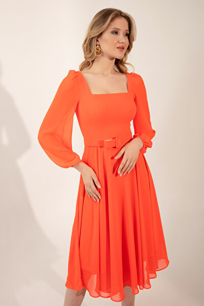 Lafaba Women's Orange Square Collar Belted Midi Chiffon Evening Dress