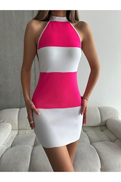 mydukkan.co Плетена рокля с връзки на врата, бяло-розова