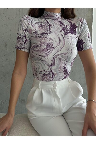 mydukkan.co Bluză cu mânecă scurtă cu guler ridicat cu model de cravată violet