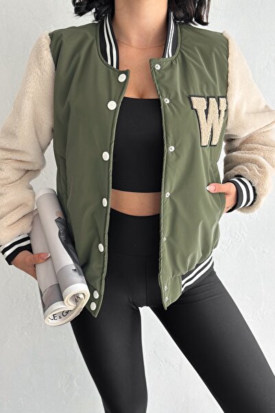 FEMELLE Women's Khaki Sleeves Furry College Jacket with Snap Buttons and Pockets