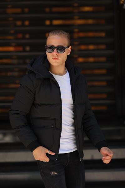 FAMODA Erkek Siyah Kapüşonlu Suya Dayanıklı Kışlık Mont & Kaban