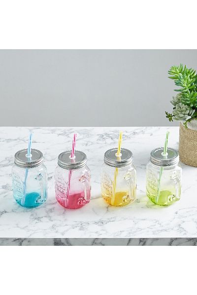 Home Box Cooler Glass Beverage Dispenser with 4-Piece Mason Jars