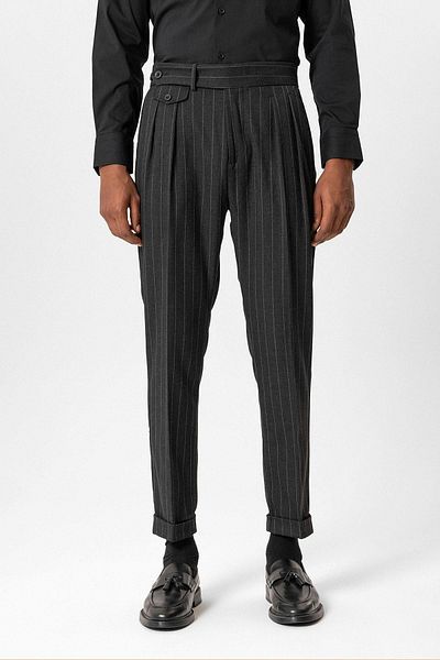 Antioch Black High Waist Pleated Striped Men's Trousers