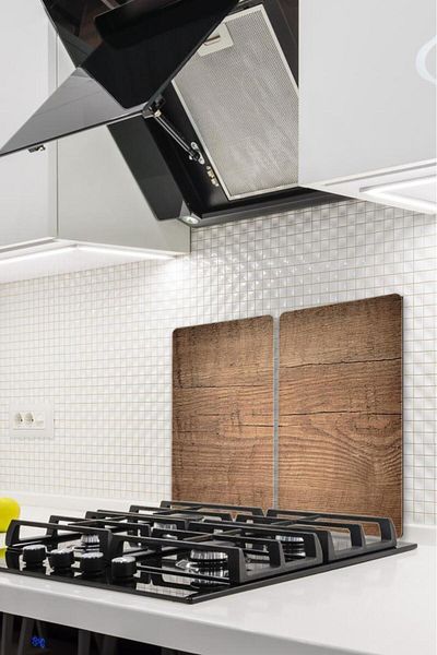 Saban 2' 30X52 cm Dark Wood Patterned Glass Stove Protector