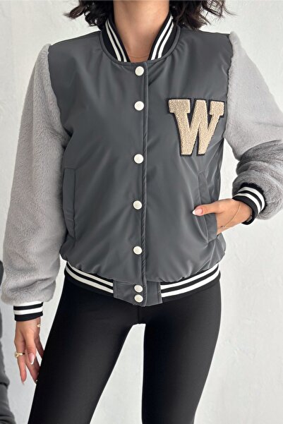 FEMELLE Жіночий сірий піджак з хутром на рукавах, на кнопках, з кишенями