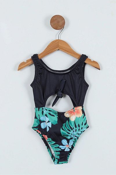 Minigimin Cicileri My Little Girl's Palm Patterned Girl's Swimsuit with Tie-Up Breasts - Navy Blue