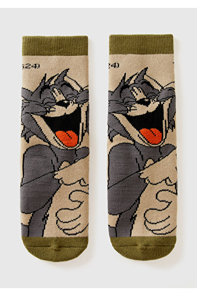 United Colors of Benetton Erkek Çocuk Haki Tom ve Jerry Baskılı Uzun Soket Çorap