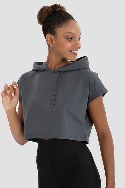 Superstacy Alice Hooded Short Sleeve Smoked Crop Sweatshirt