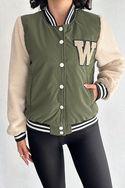 FEMELLE Women's Khaki Sleeves Furry College Jacket with Snap Buttons and Pockets