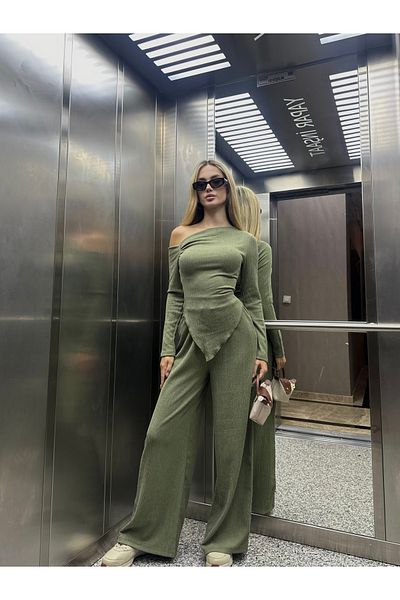 mekabutik Khaki Asymmetrical Top and Bottom Set