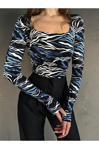 mydukkan.co Bluză cu model cu guler pătrat Blue Marbled