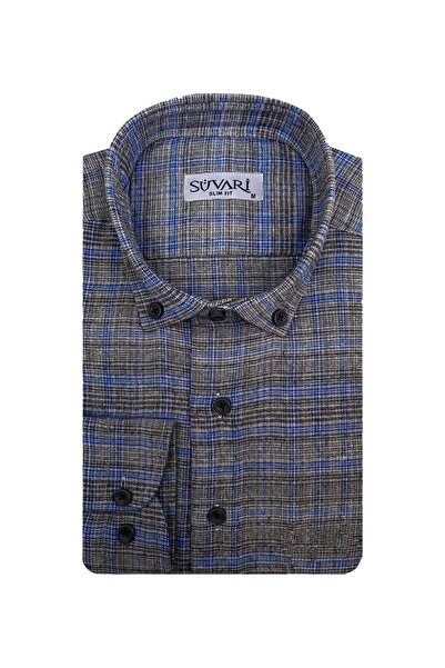 SÜVARİ Süvari Slim Fit Desenli Flanel Uzun Gri Erkek Gömlek