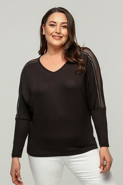 Ebsumu Women's Large Size Bat Sleeve Mesh and Stone Detailed Black Blouse