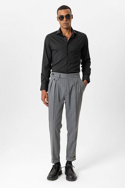 Antioch Gray High Waist Pleated Striped Men's Trousers