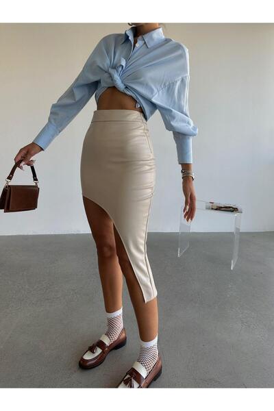 mydukkan.co Beige Colored Asymmetrical Cut Leather Skirt