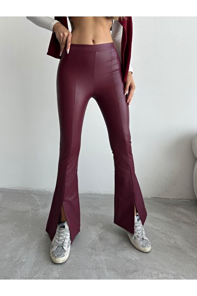mydukkan.co Paça Yırtmaç Iç Şardonlu Deri Ispanyol Pantolon Bordo