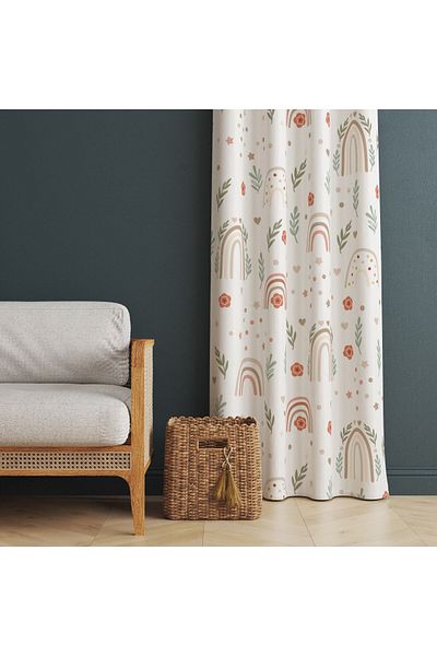 Evmila Rainbow Patterned Printed Baby Kids Living and Bedroom Background Curtain White