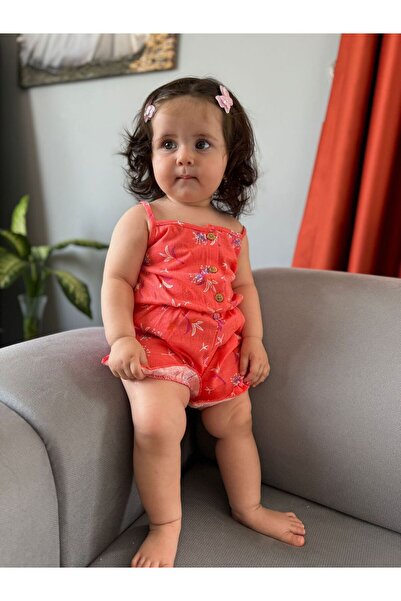 Minigimin Cicileri Orange My Little Girl's Jumpsuit with Straps - Combed Cotton, Button Detail