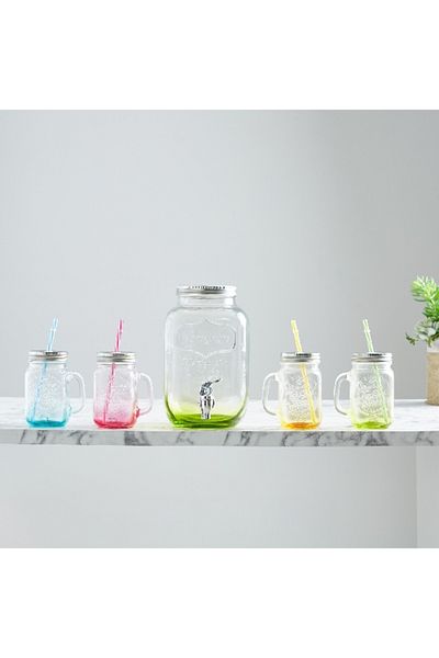 Home Box Cooler Glass Beverage Dispenser with 4-Piece Mason Jars