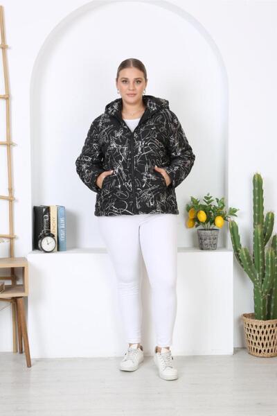 Şans Women's Large Size Black Removable Hooded Lacquer Printed Jacket with Pockets 65N38339