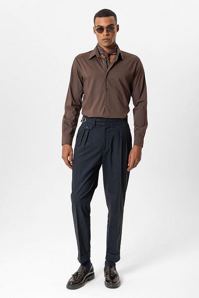 Antioch Navy Blue Buckle Detailed High Waist Men's Trousers