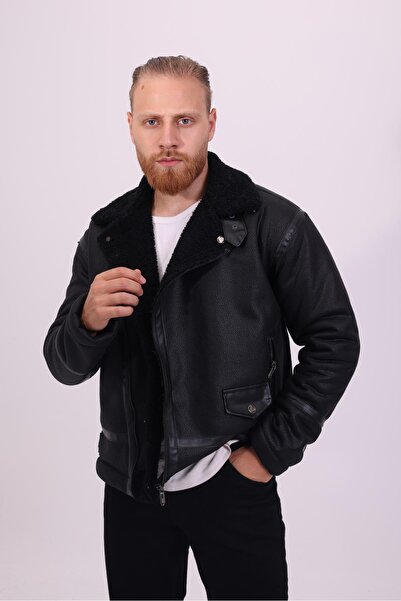 FAMODA Erkek Siyah Suni Kürk Detaylı Deri Mont -FN204430